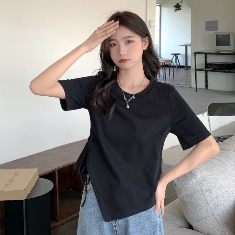 Tricouri de vară solide neregulate pentru femei, tricou cu mânecă scurtă și guler O, casual, Slim, elastic, cu șnur, y2k, crop topuri, haine pentru femei