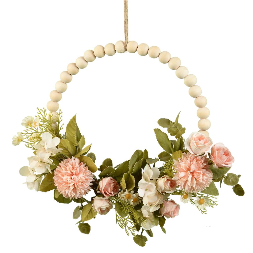 Wood Beads Artificial Flower Wreath for Front Door Spring Wreath for Wedding Valentines Indoor and Outdoor Decoration