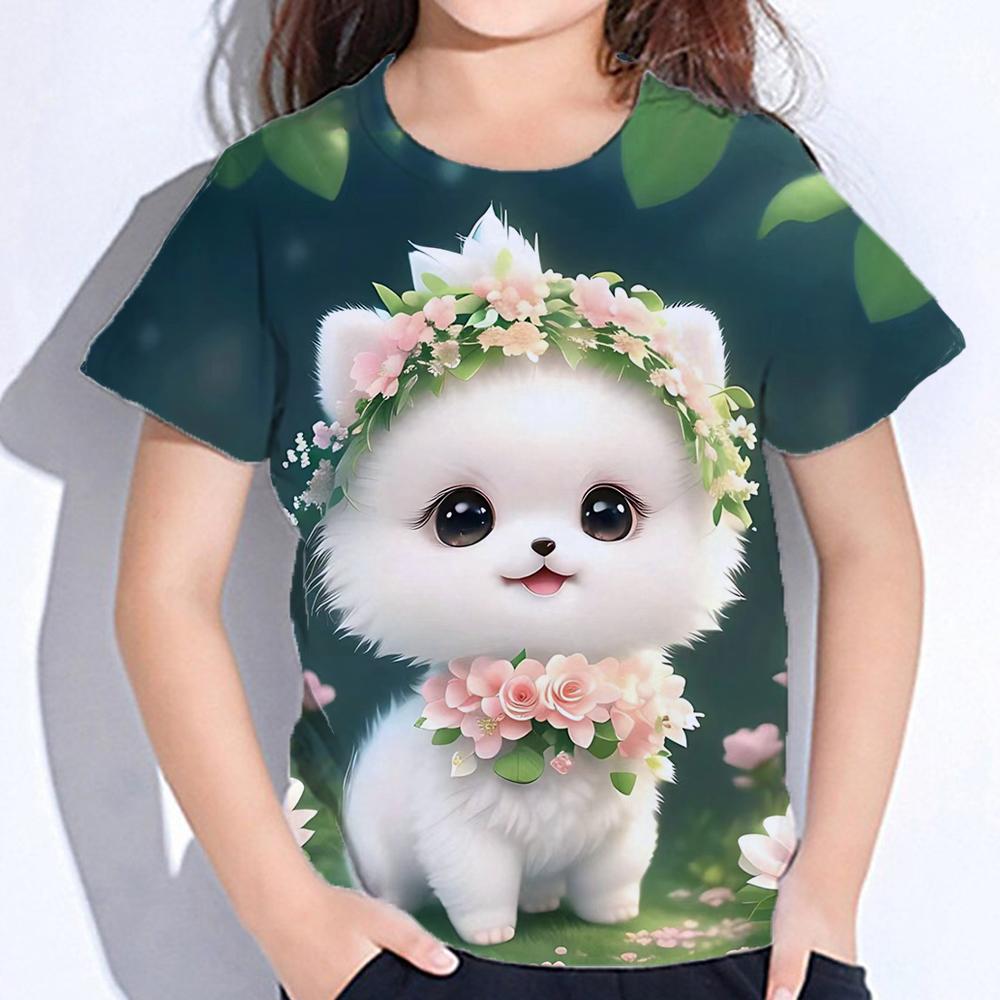 2025  Kids Clothes Blouse for Girls Kawaii Cat Girl Short Sleeve Tshirt Print Boys Clothes Polyester Girl Tee Shirt Child T-Shirt