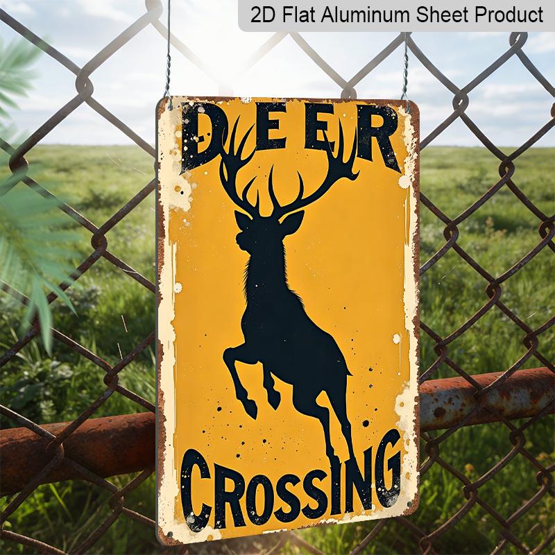 2D Flat, 1pc Vintage Deer Crossing Warning Sign Wall Art - Aluminum Metal Plaque with Rustic Yellow & Black Design, 8x12 Inch Indoor/Outdoor