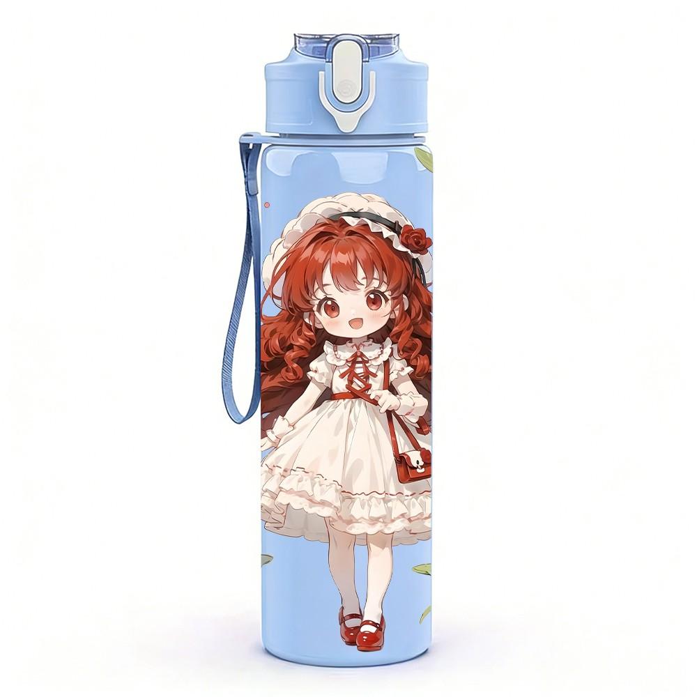 1PC Long Hair Girl Red Rose Ornament Pattern 750ml Color Plastic Sports Water Bottle Leakproof Flip Straw Lid Suitable for Sports Office Home Use