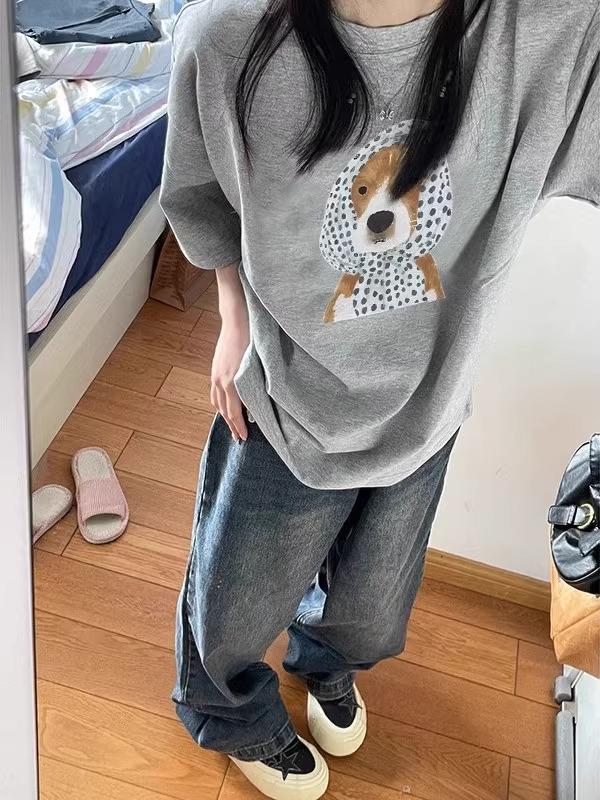 2025 Women's Gray Summer Loose Short-Sleeve Pure Cotton Niche Top