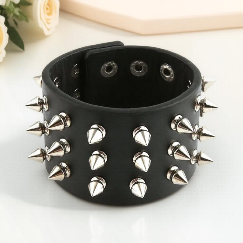 Punk Gothic Metal Cone Studs Rivet Leather Bracelet Wide Cuff Wristband for Men Fashion Jewelry Charm