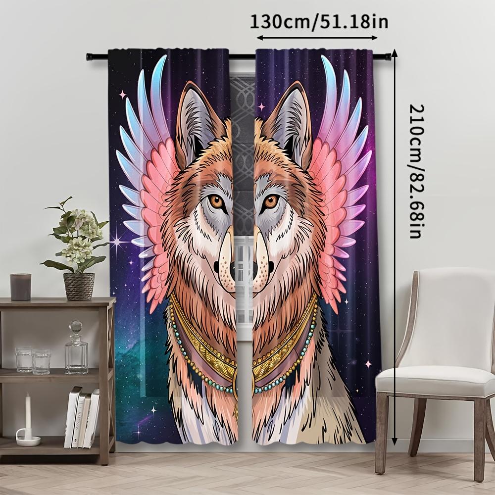 2pcs Fantasy Wolf Curtains   Starry Sky Print   Semi-Sheer Polyester   Machine Washable   Rod Pocket   Woven Decorative Light Filteri