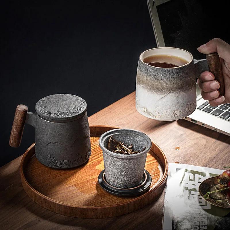 For Ceramic Mugs Retro Tea Cup Luxury Large Capacity With Cover Wooden Handle Office Thermal Mug Personalized Gifts Home Drinkwa