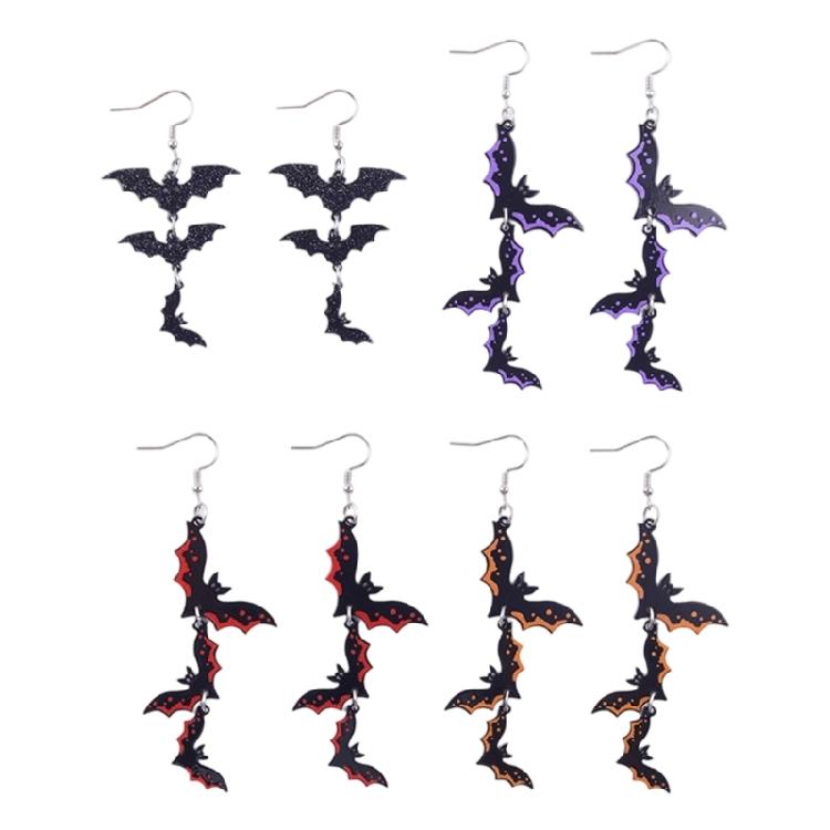 Fish Hook Bat Dangle Earrings Acrylic Pair for Spooky Season Styling, Halloween Costumes and Party Photo Looks