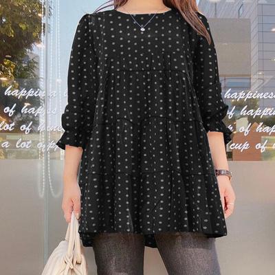 Women's Polka Dot Round Neck T Shirt Spring Summer Long Sleeve Loose Casual Top