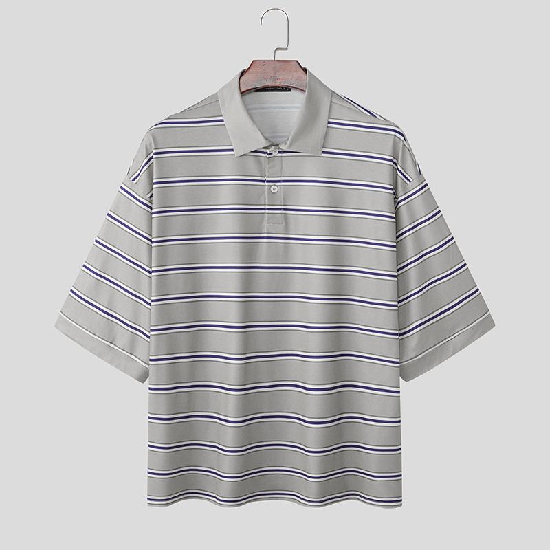 

INCERUN Summer Men Lapel Neck Short Sleeve Stitching Striped Casual T-shirts Tops XL сірий колір