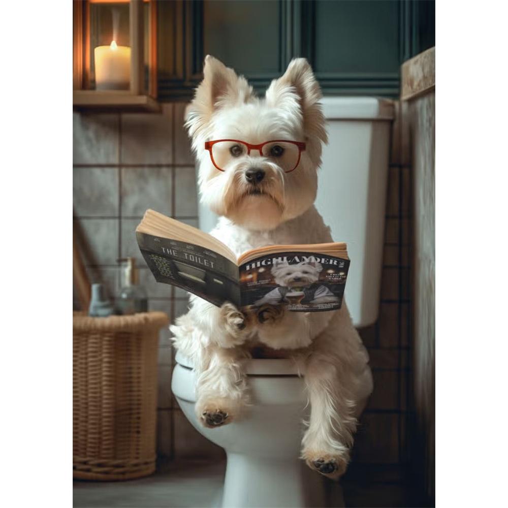 Hund sitzt auf der Toilette und liest Zeitung 5D DIY Diamantmalerei Kreuzstich Vollbohrer Runde Stickerei Heimdekoration Geschenke