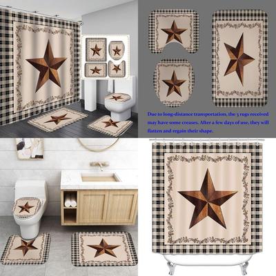 4-Piece Rustic Western Star Shower Curtain Set In Black, Beige, And Buffalo Plaid Pattern