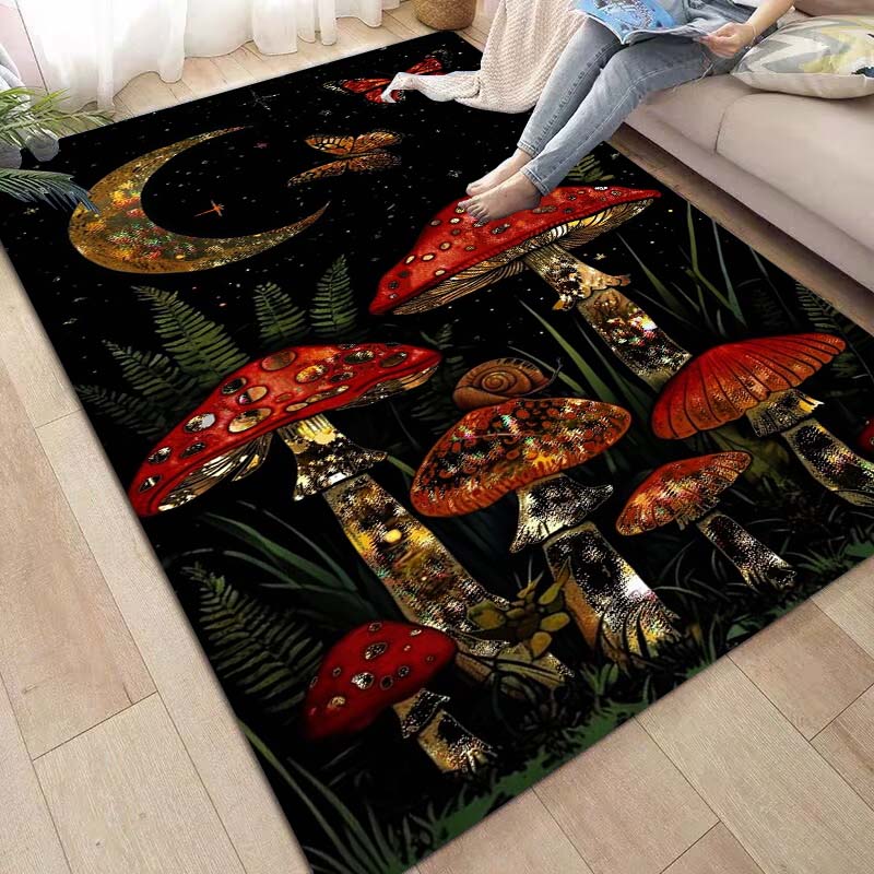 Playful-style living room rug—cartoon forest and mushroom pattern; soft, washable, and non-slip; suitable for dining rooms and bedrooms.