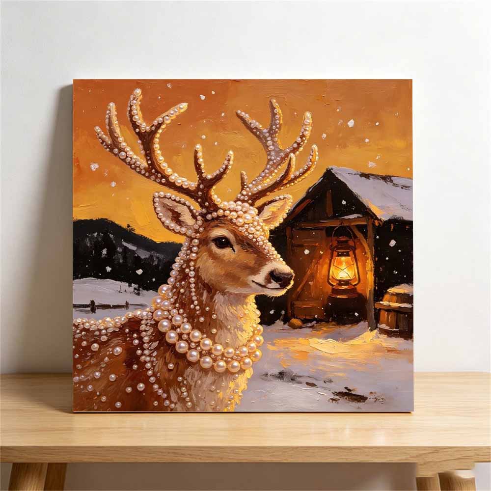 DIY Mini Framed Pearl Bead Art Kit Winter Deer Design Sparkling Canvas Painting Relaxing Craft for Adults Gift Home Decor Set