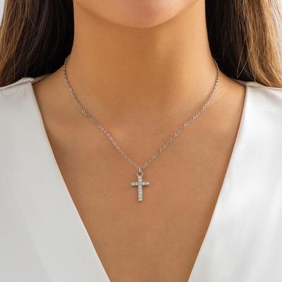 Versatile Metal Thin Chain Geometric Necklace, Simple Micro-Inlaid Rhinestone Cross Necklace For Women