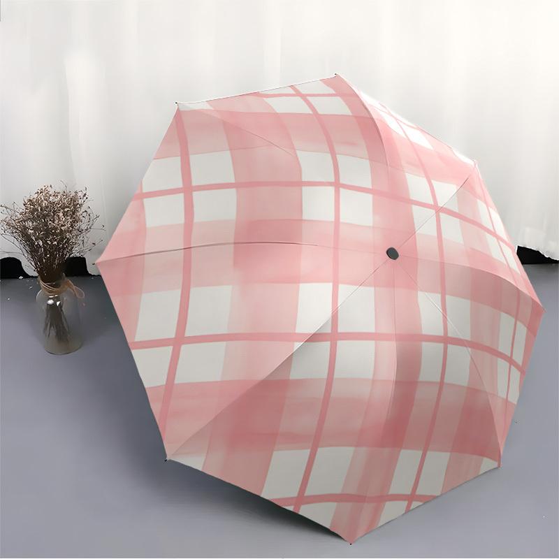 1pc Gingham Fabric Automatic Umbrella - Auto Open/Close Folding Umbrella with Reinforced 8-Rib Frame, Portable 3-Fold Compact Umbrella, Christmas