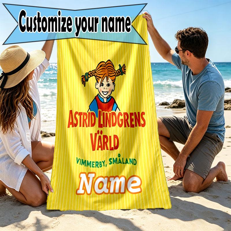 Custom Name Personalized Pippi Longstocking Print Beach Towel, for Trip Camping Beach Party Home Decor, Birthday Gift for Family & Friends