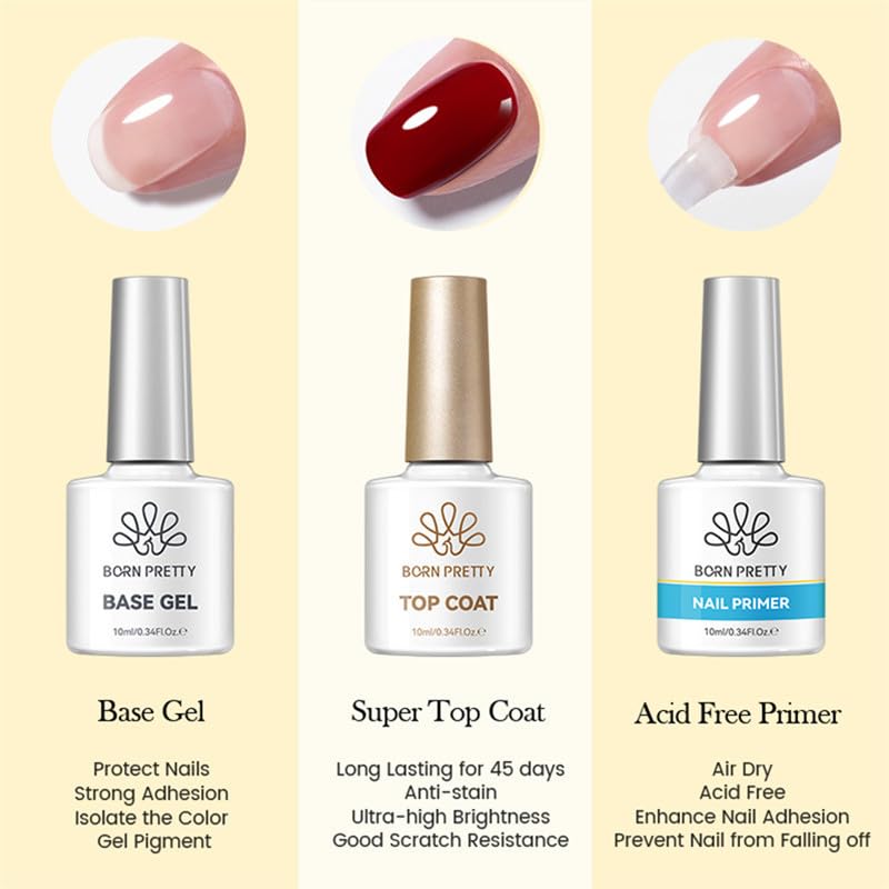 The BORN PRETTY Gel Nail Polish Set includes a base top and This set is and compatible with coat, coat, adhesive. 3-piece wipe-free, long-lasting,