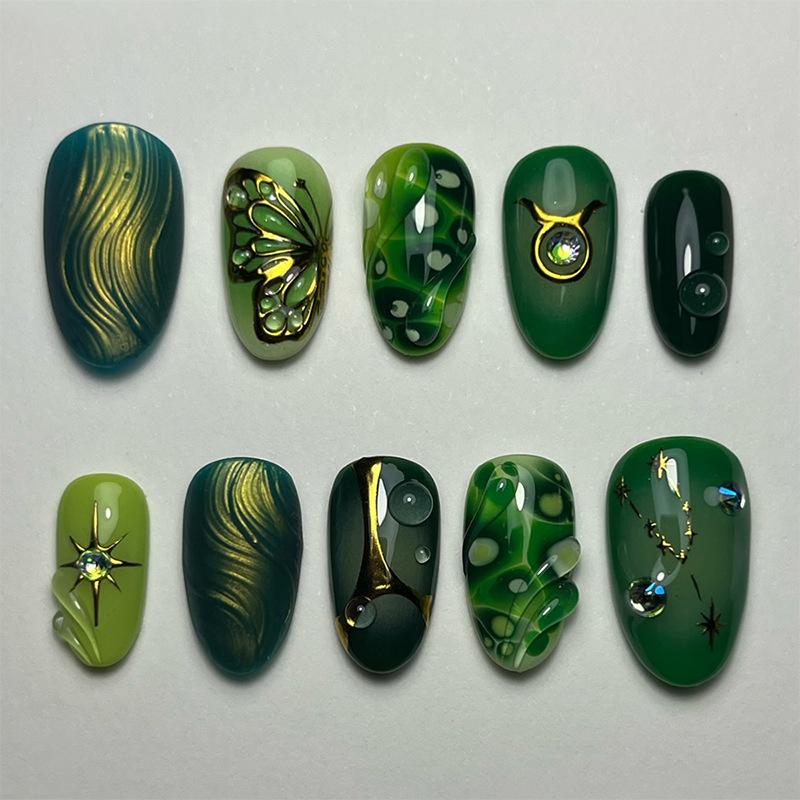 24PCS Sweet Green French Press On False Nails Full Cover Golden Stripes Star Patterns Almond Fake Nails for Women Wearable Nails
