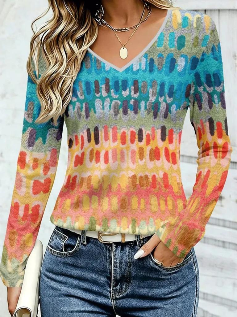 Fashion Women's V-Neck Long Sleeve 3D Casual Color Printing Casual Long Sleeve V-Neck T-Shirt