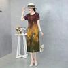 Women's Green and Yellow Floral Print Pleated Maxi Dress Casual Loose Fit Short-Sleeve Dress