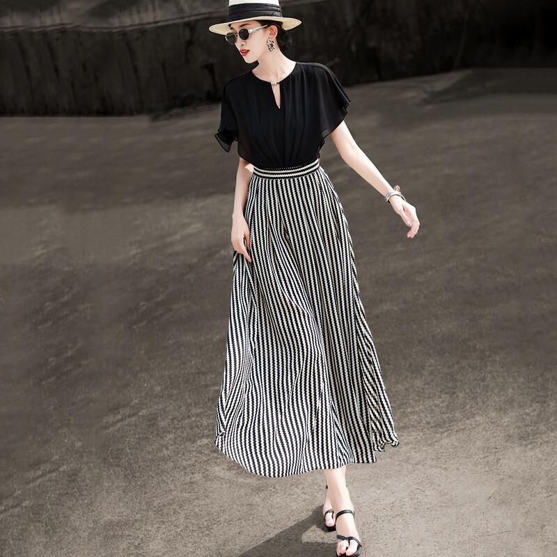 Lanser Elegant Striped Patchwork A-Line Dress M