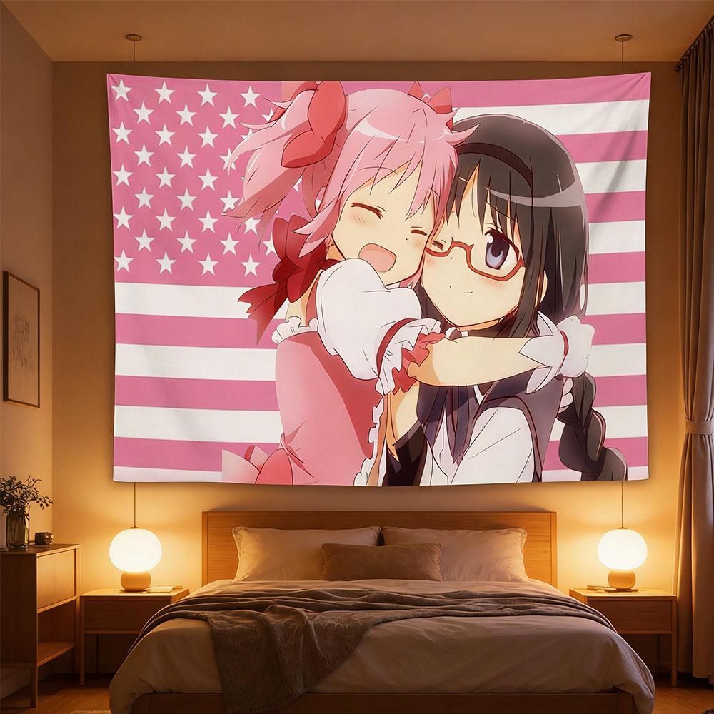 Arazzo Madoka & Homura che si abbracciano con bandiera USA, Stampa Poliestere da Appendere al Muro, Decorazione Kawaii Otaku per Camera da Letto e Soggiorno