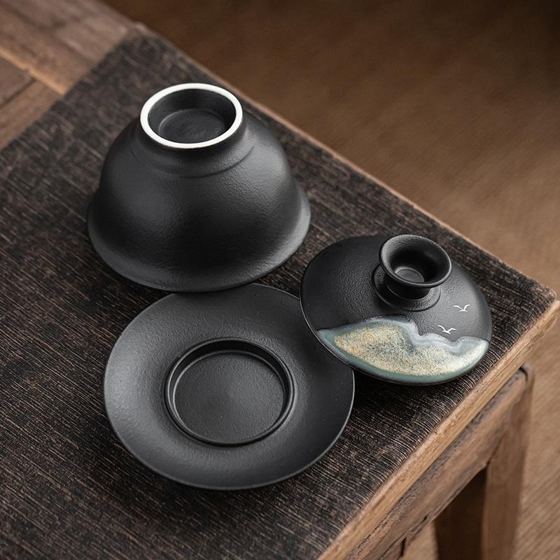 170ml Ceramic Lid Bowl Hand Painted Tea Offering Bowl Japanese Style Tea Bowl