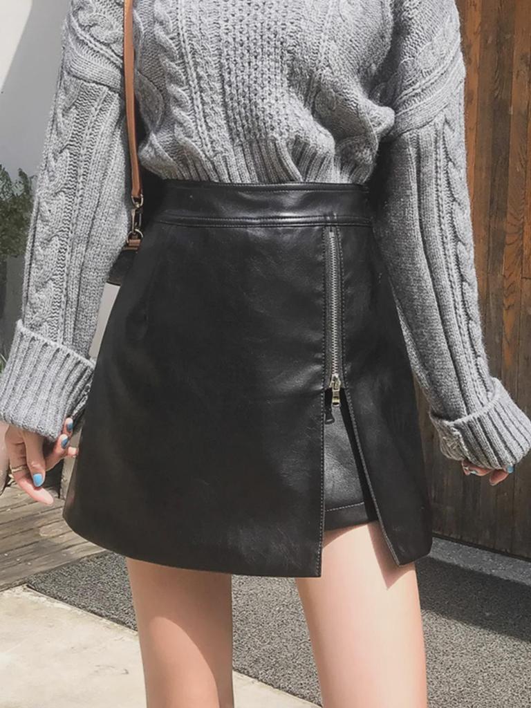 2023 Herbst/Winter Damen High-Waist PU-Leder Schlankheits Unregelmäßiger A-Linien-Rock - Koreanische Mode