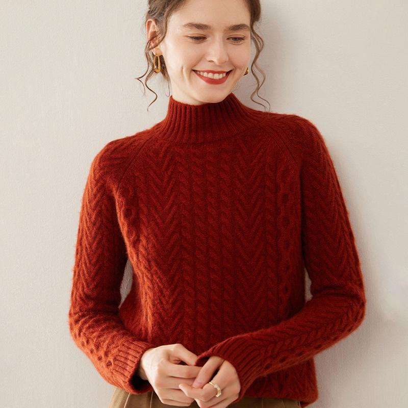 Women's Heavyweight Cashmere Sweater: Autumn-Winter Half-Neck Cable Knit Slim Pullover