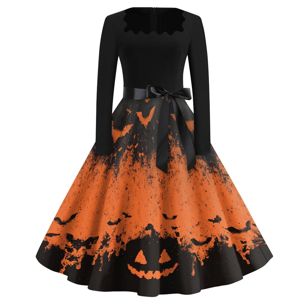Women's Vintage Square Neck Dress with Halloween Print for Casual Occasions