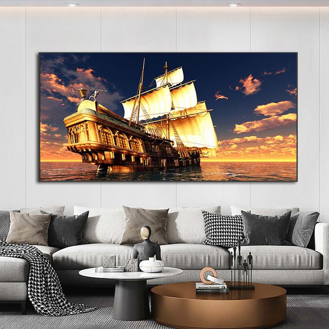 Landscape Pirates Ship Tropical Island Palm Tree Canvas Painting Posters and Prints Wall Art Pictures Living Room Decor No Frame