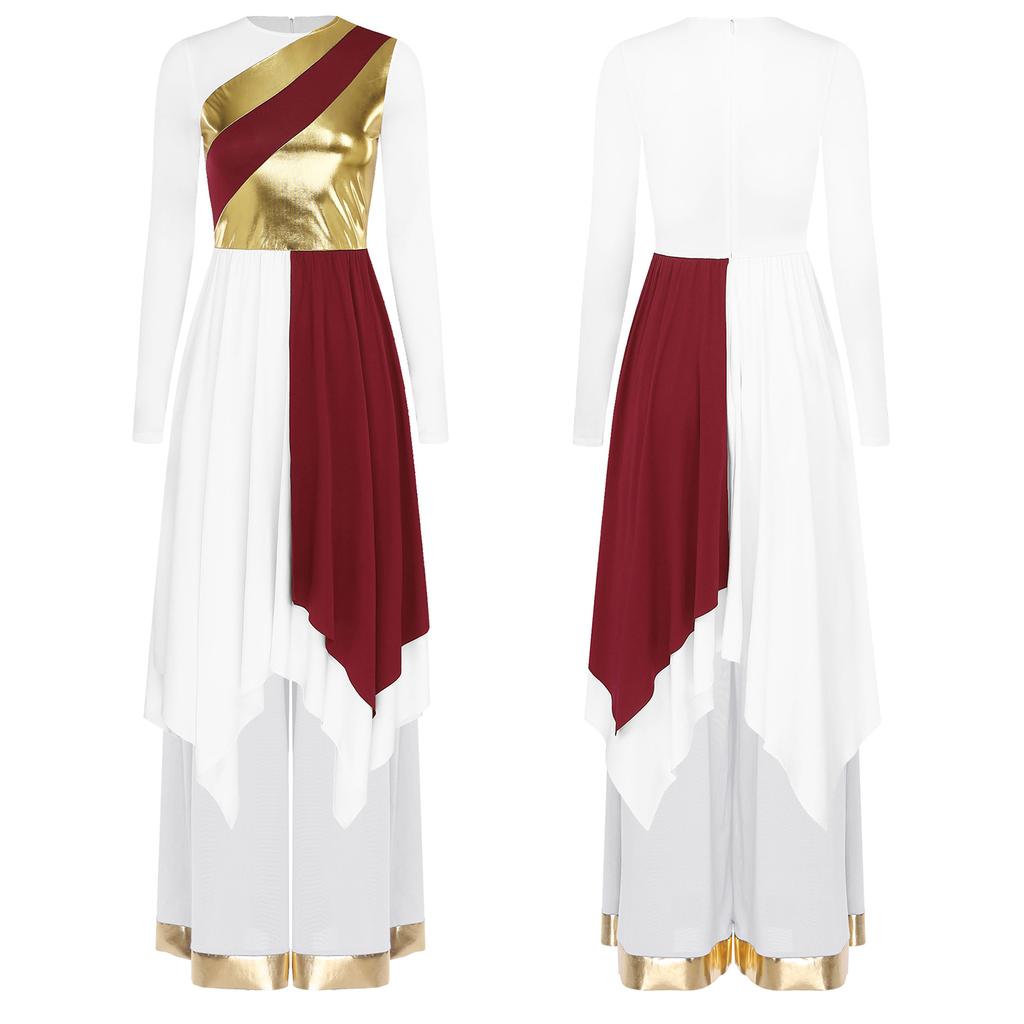 Dames Lyrische Dans Kostuum Set S-XXL: Jurk met Lange Mouwen, Metallic Contrastkleur, Onregelmatige Zoom & Wijde Broek voor Kerkdienst, Dans