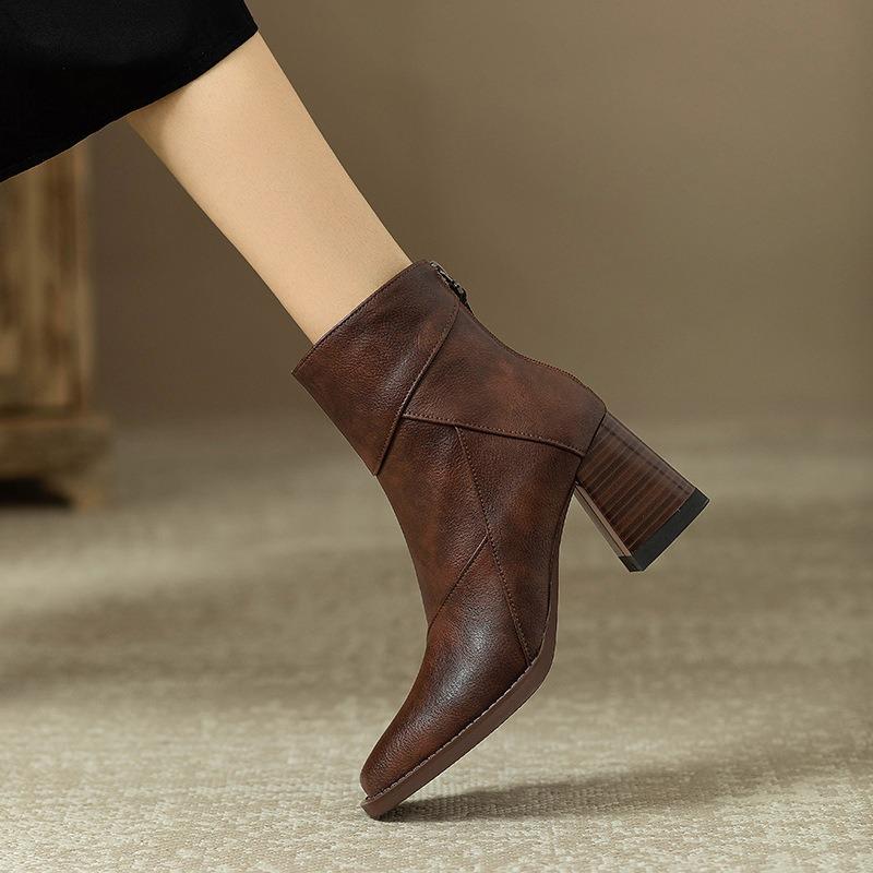 Women S Vintage Chunky Heel Square Toe Martin Boots Slim Fit Boots