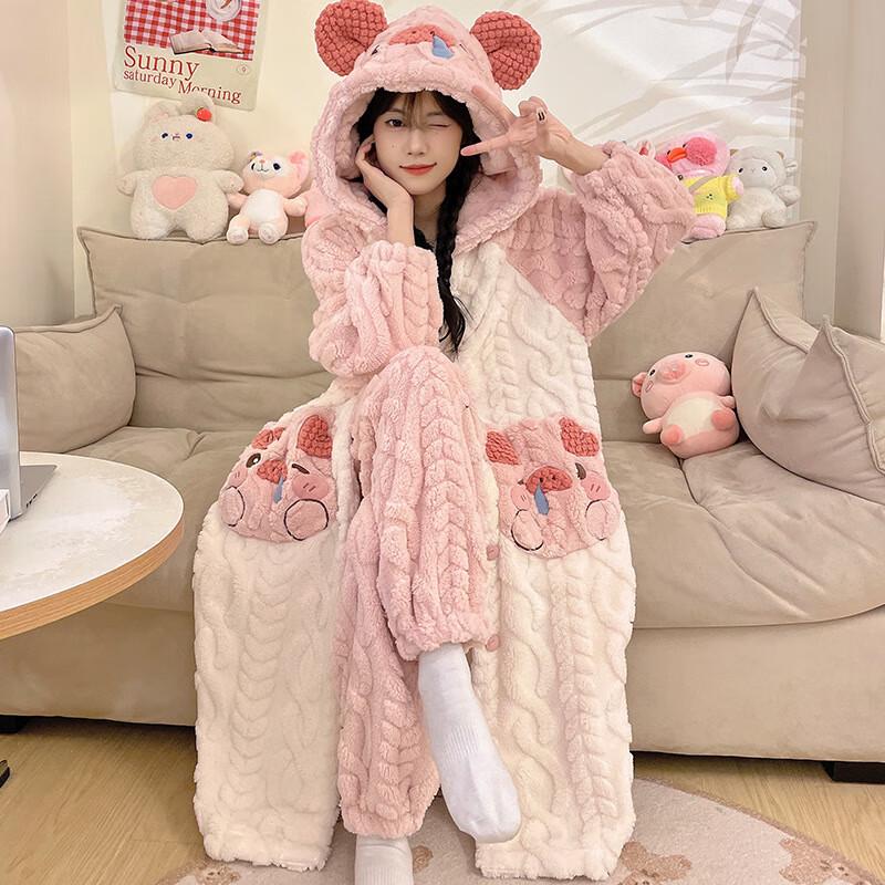 Women s Coral Fleece Hooded Pajama Set One Size (80-140 jin)