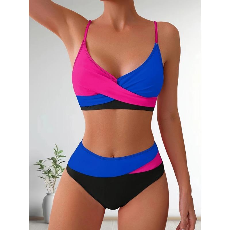 Women's Color Block Cross-Front V-Neck High Waist Two-Piece Bikini Swimsuit