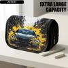 1pc Double Layer Flip Pencil Case, Car with Yellow Splashes, Large Capacity, Portable Polyester Pen Storage Bag with Zipper Closure, Ideal for School 