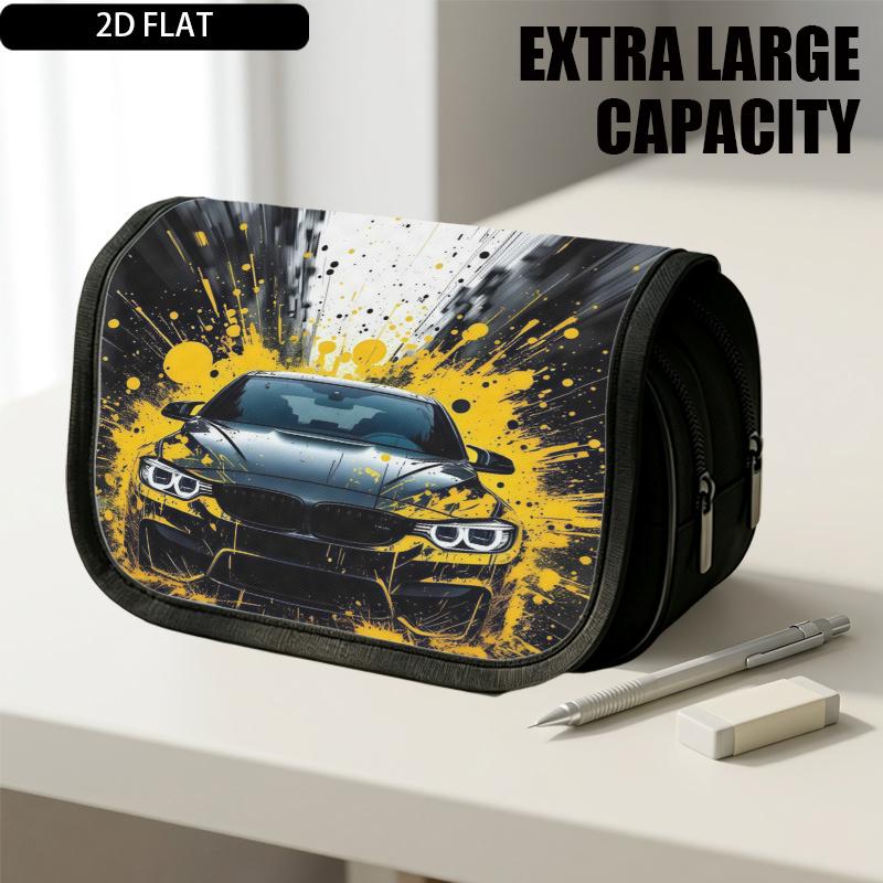1pc Double Layer Flip Pencil Case, Car with Yellow Splashes, Large Capacity, Portable Polyester Pen Storage Bag with Zipper Closure, Ideal for School