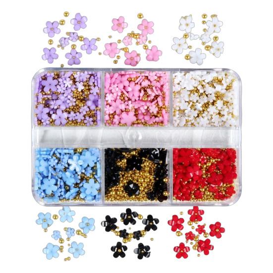 1 Box 3D Flower Nail Art Charm 6 Grids Resin Floral Charms Golden Beads DIY Nail Design Jewelry Crafts Manicure Decoration Accessories