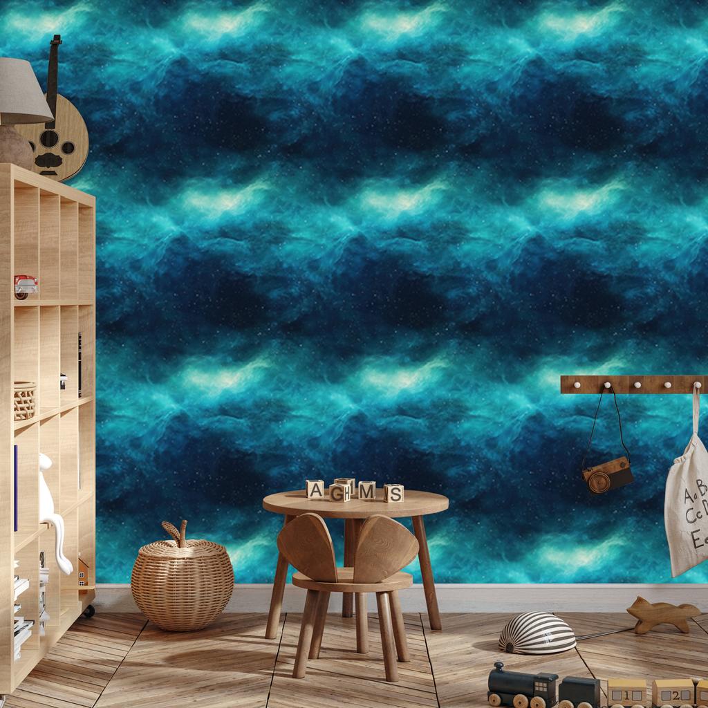Watercolor Galaxy Wallpaper In Turquoise, Navy Blue, Sea Blue and Blue 50x1000