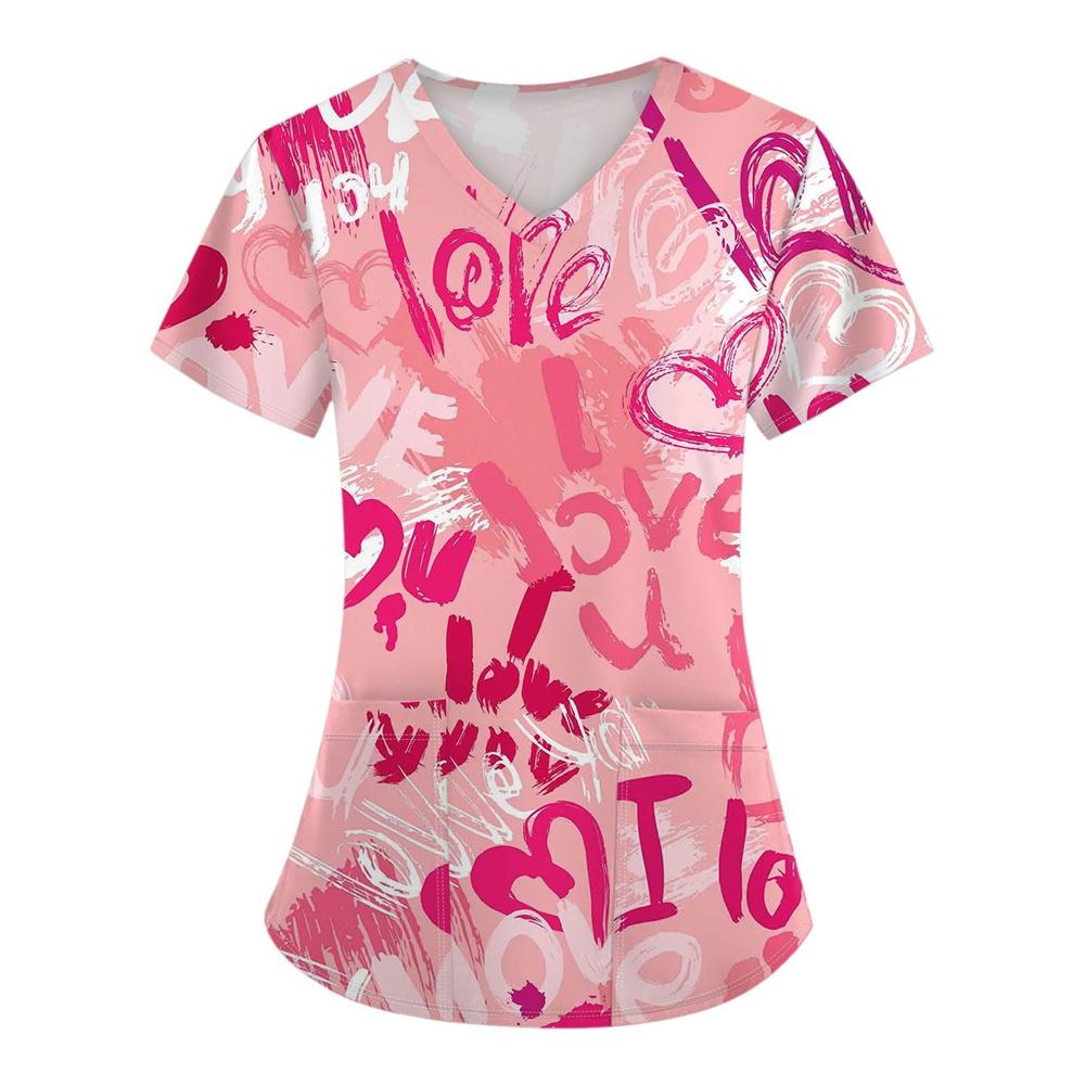 Surgical Uniforms Woman Heart Printed V-Neck Nurses Tops Short Sleeve Patch Pocket Medical Uniforms Surgical Uniforms Nursing