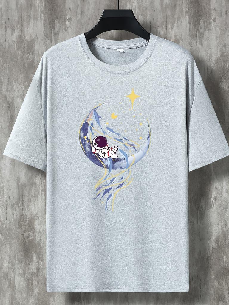 Mens Casual and Fashionable Moon Astronaut Graphic Printed Round Neck Short Sleeved Tshirt with Loose Clothing Added