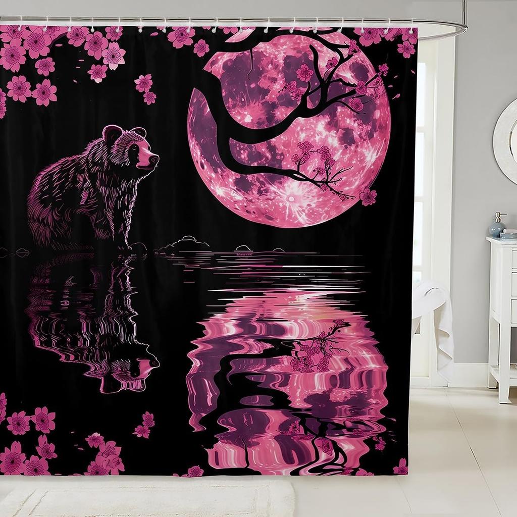 Japanese Cherry Blossom Capybara Fabric Shower Curtain,Pink Sakura Floral Moon Shower Curtain,Kids Bathroom Decor,Capybara