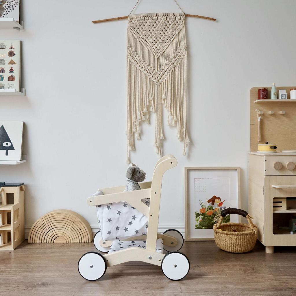 Wooden Shopping Cart Toy for Kids - Supermarket Playhouse Walker Set