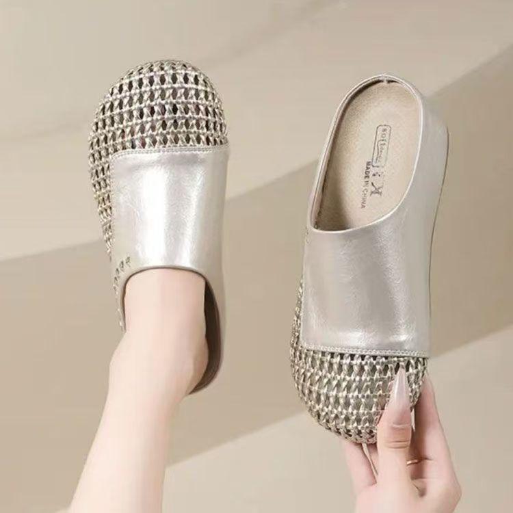 Baotou Half Slippers Women's Summer Outer Wear 2025 New Inner Height Increase Hollow Woven One-pedal Single Shoes Cool Slippers