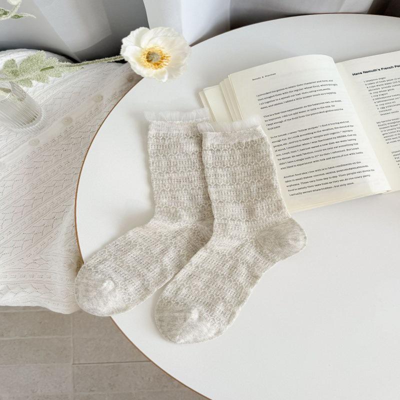 Women's Japanese-Style Lace Trim Mulberry Silk Socks - Sweet, Thin, Mid-Calf, Seamless, Hollow Design for Spring/Summer.