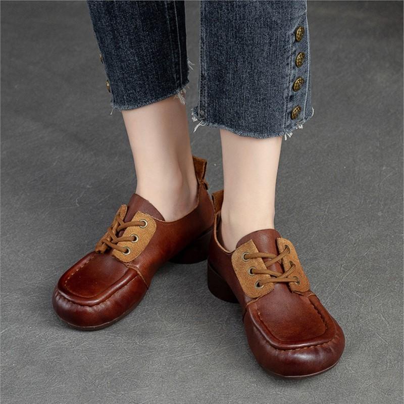 Johnature Genuine Leather Comfortable Women Pumps Retro Handmade Soft Sole Round Toe Versatile Low Heel Shoes
