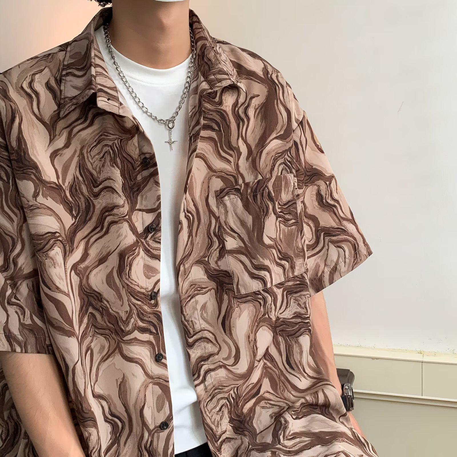 

Мужская рубашка в стиле ретро с короткими рукавами и цветочным принтом в стиле casual с лацканами — летний модный нейтральный стиль M коричневый