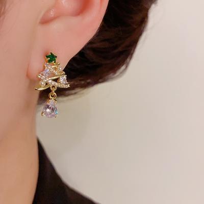 Huitan Bright Zirconia Christmas Tree Drop Earrings Female Party Jewelry with Simulated Pearl Fashion Gold Color Accessories