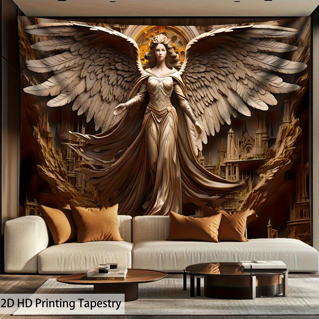 1pc - Extra Large Angel Landscape Tapestry, 2D High-Definition Digital Print, Polyester Wall Art with Golden Wings & Cityscape D