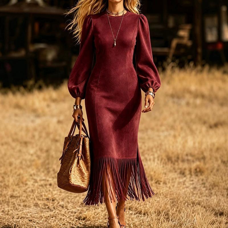 new deerskin velvet western style fringed long-sleeved dress
