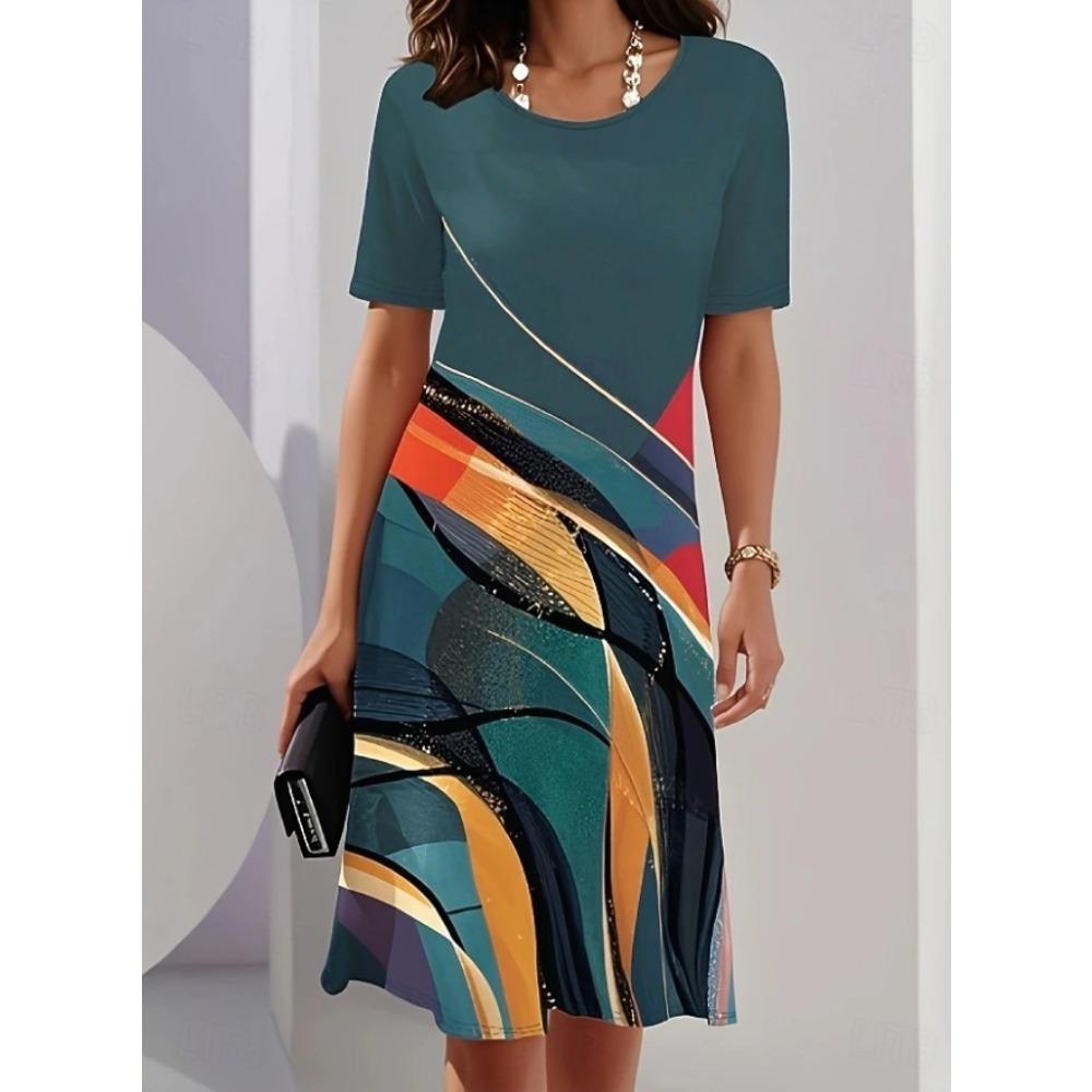 Women's Fashion Geometric Pattern Print Summer Spring Short Sleeve O-Neck Casual Dresses
